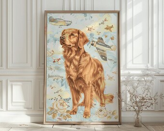 Peut inclure: Un chien golden retriever au pelage brun clair se tient sur un fond bleu et blanc avec un motif d'avion vintage. Le chien regarde vers le haut et vers la gauche.