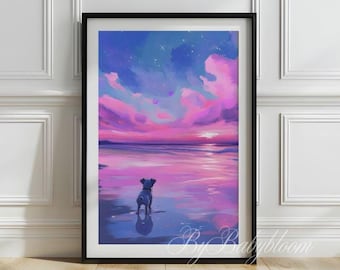 Pug Sunset Beach Print: Dreamy Dog Nursery Art (Digital Download