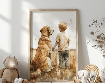 Labrador Retriever nursery print, Boy and Dog  print, Puppy room decor, Dog nursery wall art, Kid room decor, Watercolor labrador print