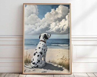 May include: A black and white Dalmatian dog sits on a sandy beach, looking out at the ocean. The sky is blue with large white clouds.