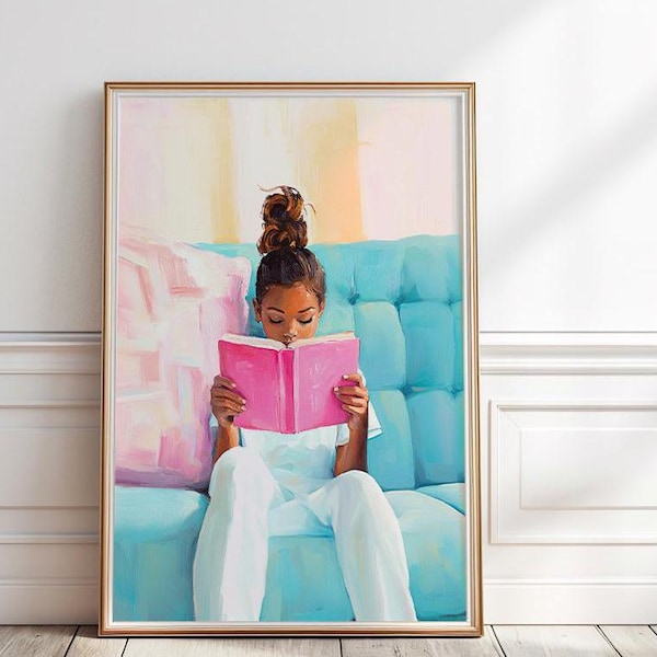 Pintura de niña negra leyendo un libro, impresión de niña afroamericana leyendo, arte de pared para amantes de los libros, impresión de rincón de lectura en colores pastel, digital, P#92