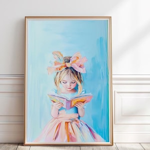 Little blonde girl reading book painting, Girl reading a book print, Book Lover Wall Art, Pastel Girly Reading Nook print,Library art ,P#168