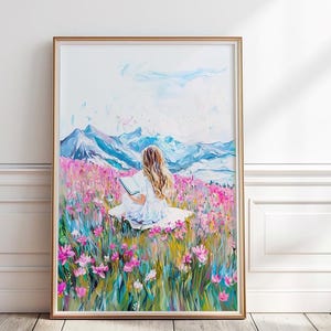 May include: A painting of a woman sitting in a field of pink flowers, reading a book. The woman is wearing a white dress and has long blonde hair. The background is a blue sky with white clouds and mountains in the distance.