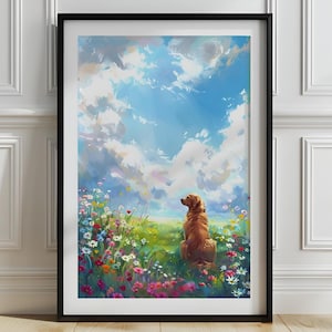 Golden Retriever in Wildflower Field, Red Fox Golden Retriever Nursery Wall Art, Dog in Flower Meadow Painting, Dog Landscape Painting, P809