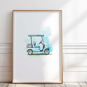 ゴルフカートアート、水彩画ゴルフカープリント、ブルーゴルフカートウォールアート、子供用車両ウォールアート、ゴルフウォールアート、男の子の部屋の装飾、デジタル、P #102