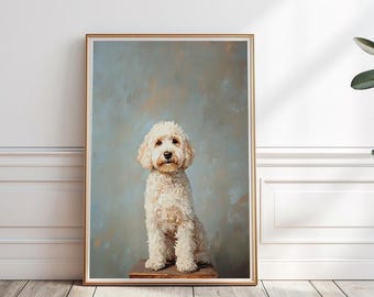 May include: A painting of a white dog with curly fur sitting on a wooden platform against a light blue background.