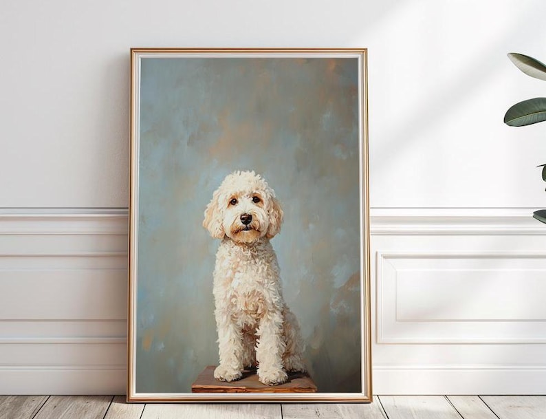 May include: A painting of a white dog with curly fur sitting on a wooden platform against a light blue background.