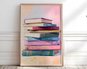 Book Lover Art Print, Pastel Book Stack Wall Art, Reading Nook Decor, Bookish Digital Art, Book Lover gift, Colorful Library Art Print, P431
