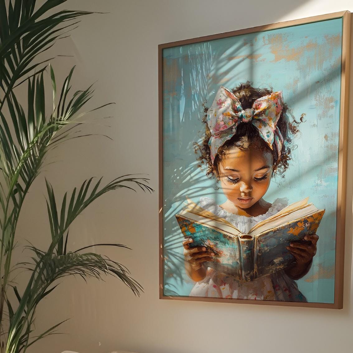 Black Little Girl Reading Print, Dark Skin Girl Reading a Book Painting ...
