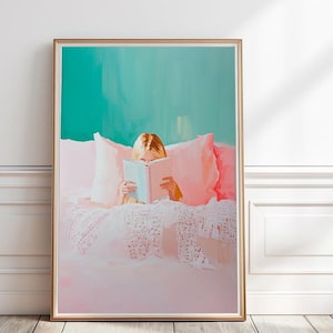 Little Girl reading book painting, Blonde girl reading in bed print, Book Lover Wall Art, Reading Nook Library Digital Download, P#112