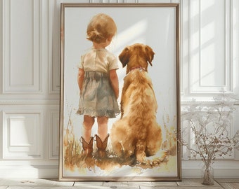 May include: A watercolor painting of a young girl in a blue dress and brown boots standing next to a golden retriever dog. The girl and dog are facing away from the viewer, looking at something in the distance.