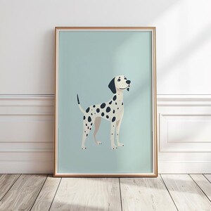 K&ouml;nnte beinhalten: Eine gerahmte Illustration eines Dalmatiners, der auf einem hellblauen Hintergrund steht. Der Hund ist wei&szlig; mit schwarzen Flecken und hat eine schwarze Nase und schwarze Augen.