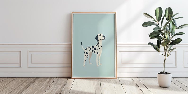 K&ouml;nnte beinhalten: Eine gerahmte Illustration eines Dalmatiners, der auf einem hellblauen Hintergrund steht. Der Hund ist wei&szlig; mit schwarzen Flecken und hat eine schwarze Nase und schwarze Augen.