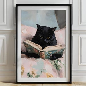 Katzen Lesebuch Druck, Katzenbild, Katzenbild für Buchliebhaber, gemütliches Kinderzimmer, Katzenbild, Katze mit Buch Druck, P735