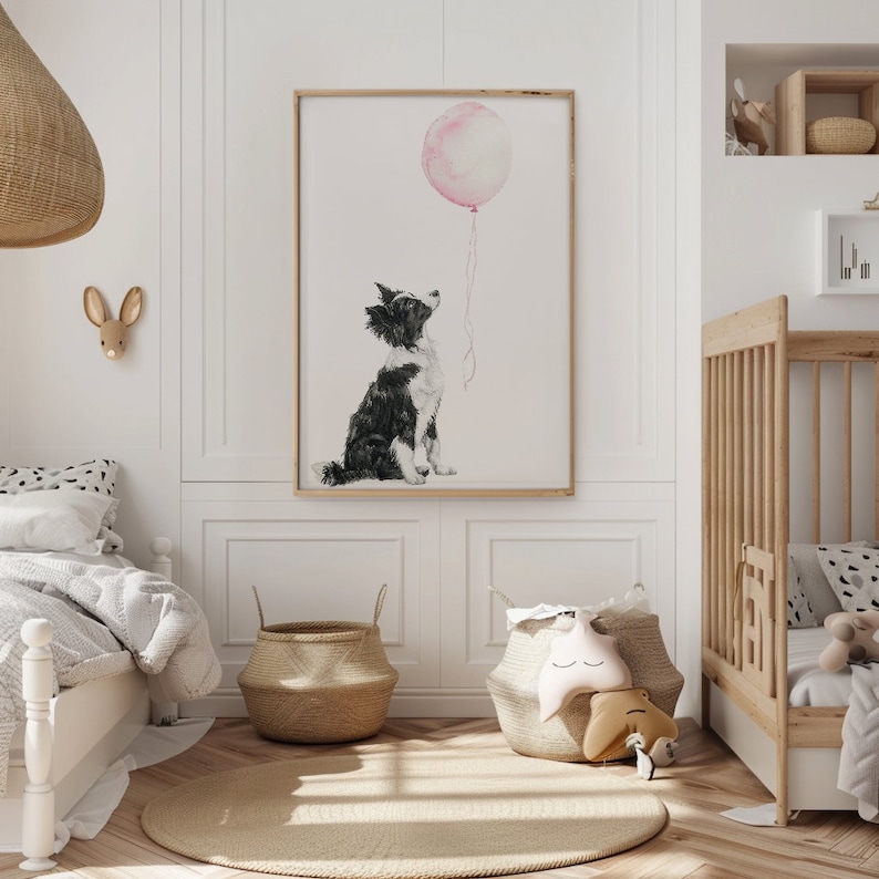 Arte de pared de Border Collie, impresión de guardería de perro, decoración de guardería de cachorro, impresión de Border Collie, arte de pared para habitación de niña, arte de guardería lindo, imprimible imagen 2