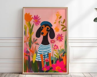 DACHSHUND Print, Black & tan Wiener nursery wall art, Dog colorful printable art, Puppy decor, Cute SAUSAGE poster, Digital DOWNLOAD, P #185