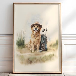 Golden Retriever golf print, Vintage dog Golfing Wall Art, Golden Retriever portrait, Watercolor golf print, Golden Retriever gift,P443