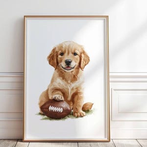 Golden Retriever Football Nursery Print, Puppy Playing Football, Sports nursery Print, Football Nursery Decor, Toddler Wall Art, P#179