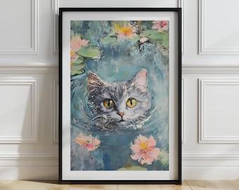 Mystical Cat Art Print: Impressionist Lily Pond (Digital Download