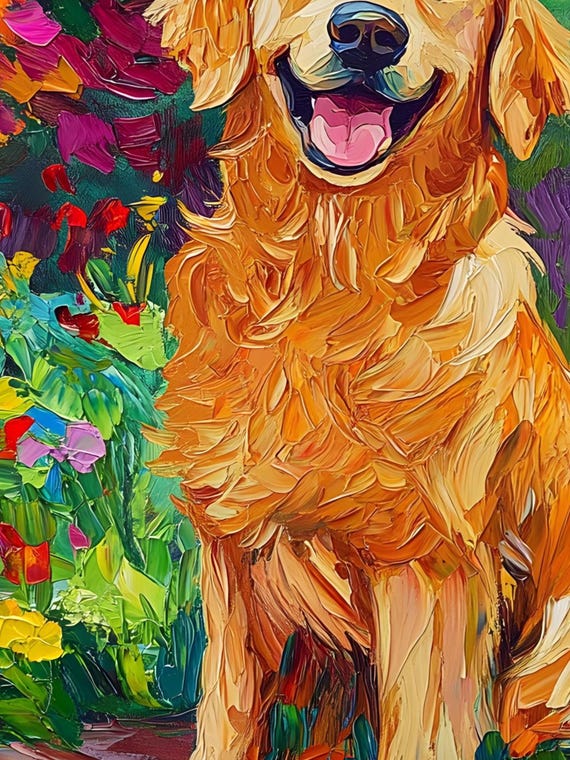ゴールデンレトリバーの花のアートプリント：カラフルな犬の絵画