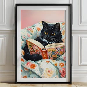 Katzenlesebuchdruck, Katzenkindergarten-Wandkunst, schwarze Katzenwandkunst, schwarze Katzenkunst für Buchliebhaber, Katzenschlafzimmerdekor, Katze mit Buchdruck, P756