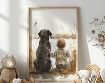 Labrador Retriever nursery print, Boy and Dog  print, Watercolor Black Labrador, Toddler room decor,Dog nursery wall art, Black labrador art