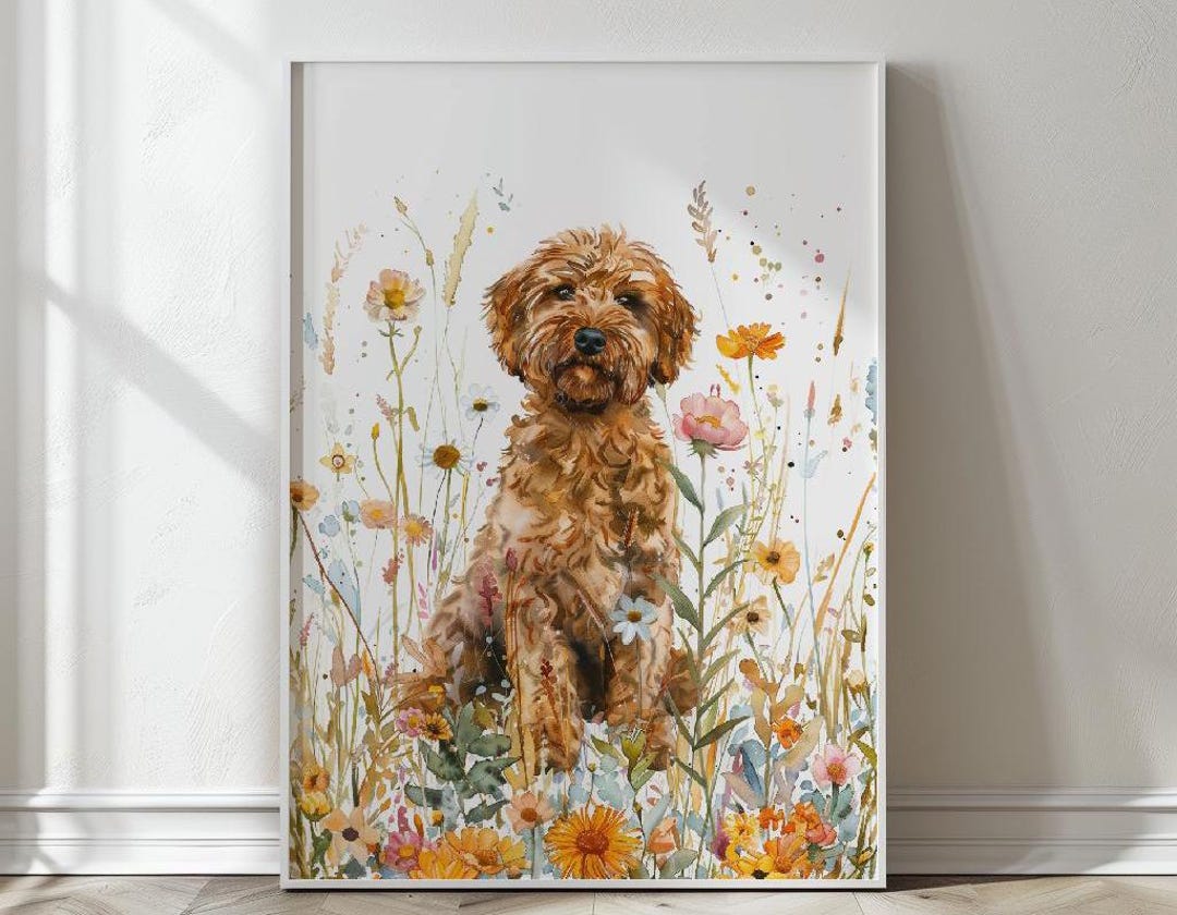 Goldendoodle Puppy Watercolor Nursery Print: Floral Dog Wall Art