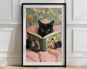 Black Cat Reading Book Art Print: Cozy Nursery Decor (Digital Download)
