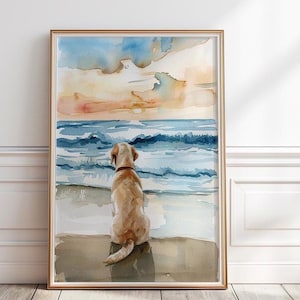 Yellow Labrador on the beach print, Labrador wall art, Gift for Dog Lovers, Watercolor Labrador on beach, DigitalDownload, Printable, P #12
