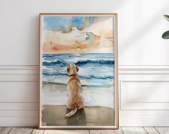 May include: Watercolor painting of a golden retriever dog sitting on a beach looking out at the ocean. The sky is a light blue with orange and pink clouds. The waves are blue and white.