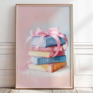 Pastel Book Stack Painting, Coquette  Book Stack With Bow, Reading Nook Wall Art Print, Girly Bookish Digital Art, Book Lover gift,P398