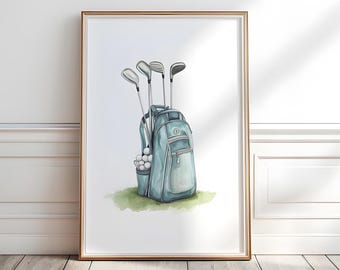 Arte de pared para guardería de golf, impresión de bolsa de golf para niño, impresión de palos de golf en acuarela, póster de golf imprimible, decoración de dormitorio, regalo para amantes del golf, P557