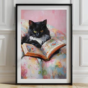 Katzenlesebuchdruck, schwarze Katzenwandkunst, schwarze Katzenkunst für Buchliebhaber, Katzenkinderzimmerkunst, Katzenzimmerdekor, Katze mit Buchdruck, P752