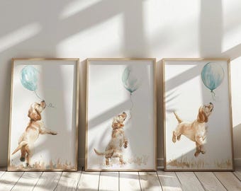 Labrador Retriever Wall Art, Yellow Labrador print SET of 3, Dog nursery print , Puppy with balloon print, Boy Nursery Art, Printable