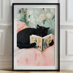Katzenlesebuchdruck, Katzenkindergarten-Wandkunst, schwarze Katzenwandkunst, schwarze Katzenkunst für Buchliebhaber, Katzenschlafzimmerdekor, Katze mit Buchdruck, P778