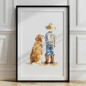 Puede incluir: Una pintura de acuarela de un niño con un sombrero de vaquero y pantalones vaqueros azules de pie junto a un golden retriever. El niño y el perro miran hacia la derecha de la imagen.