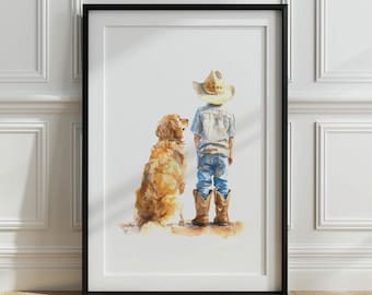 Golden Retriever nursery print, Boy and Dog  print, Cowboy room decor, Puppy nursery wall art, Kid room decor, Retriever Watercolor print
