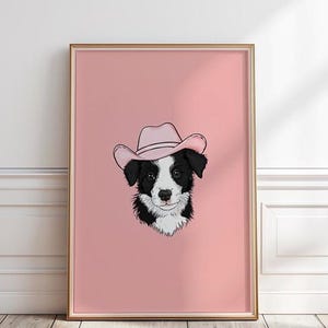 Border Collie cowgirl Print, Nursery dog Wall Art, Collie nursery art for girl, Border Collie in pink hat poster, Digital DOWNLOAD, P #67