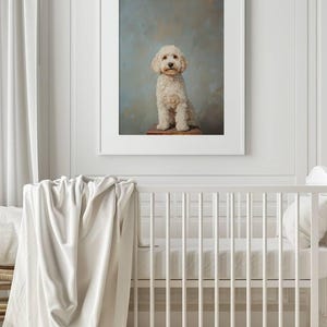 May include: A white framed print of a white dog sitting on a wooden stool against a blue background.