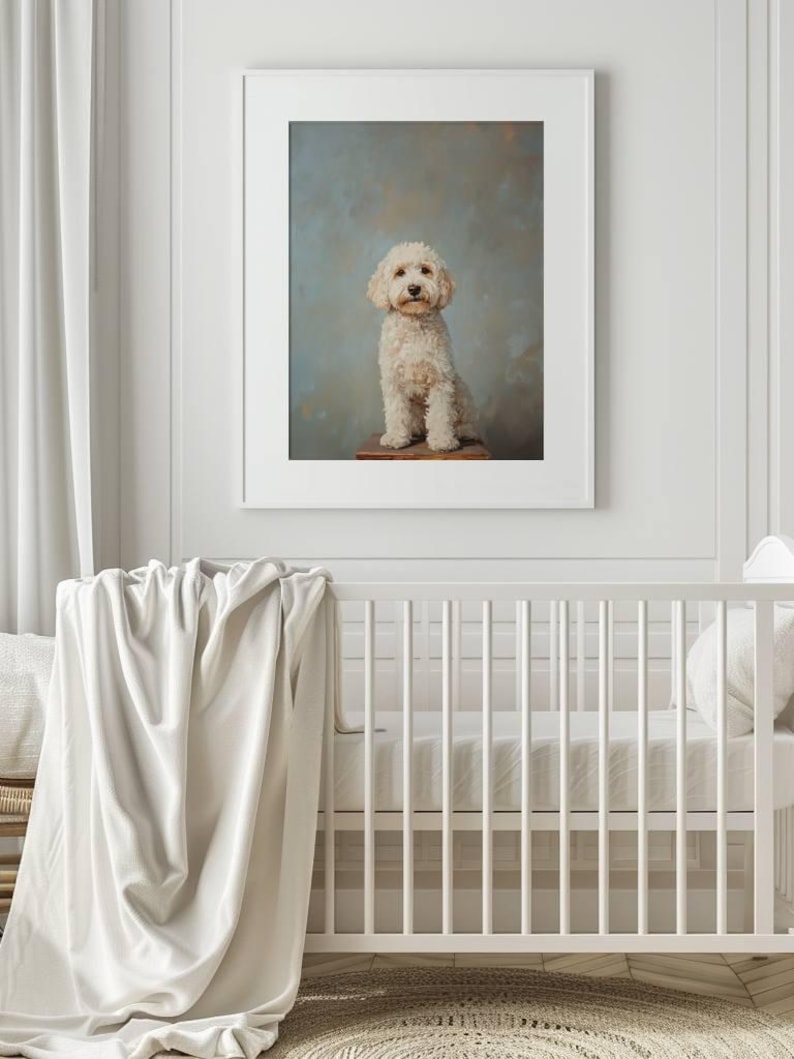 May include: A white framed print of a white dog sitting on a wooden stool against a blue background.