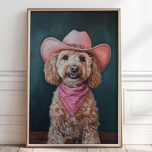 May include: A painting of a brown and white dog wearing a pink cowboy hat and a pink bandana. The dog is sitting and looking directly at the viewer. The background is a dark green.