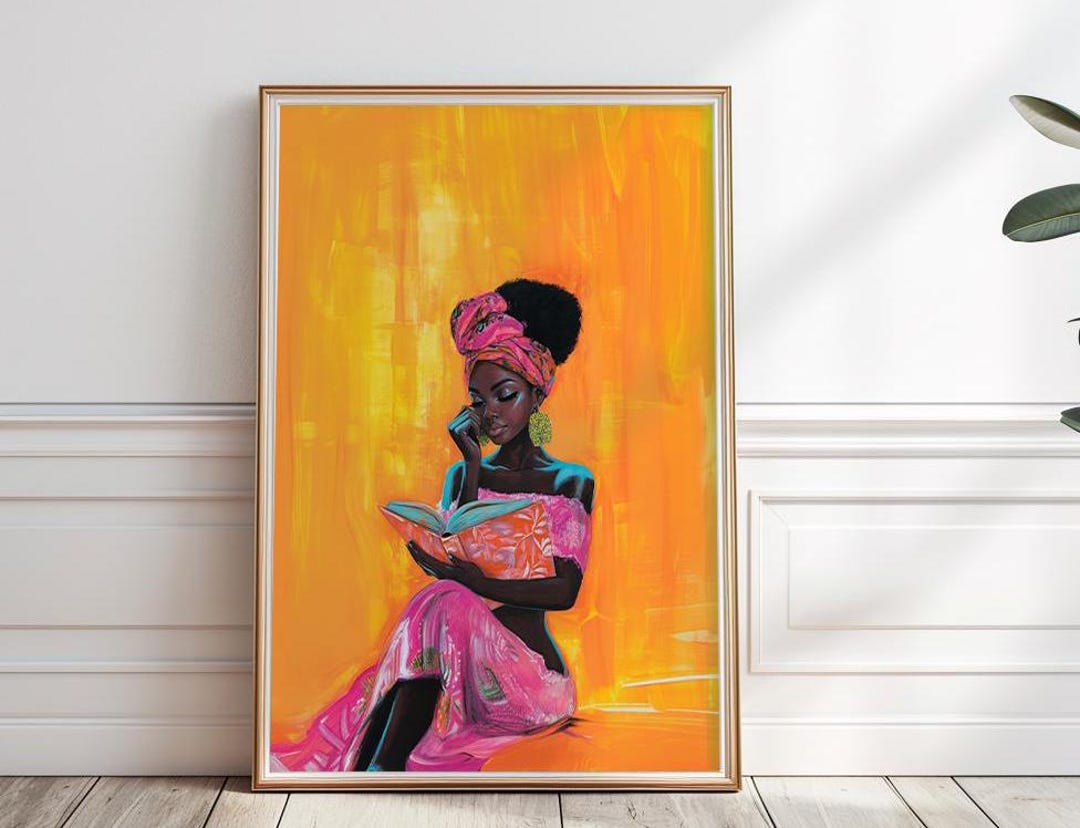 Black Woman Reading Book Painting, Boho African American Girl Wall Art ...