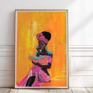 Black Woman Reading Book painting, Boho African American girl Wall Art, Dark Skin girl reading print, Book Wall Art, Orange Painting, P#139