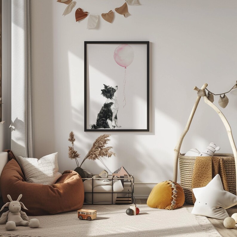 Arte de pared de Border Collie, impresión de guardería de perro, decoración de guardería de cachorro, impresión de Border Collie, arte de pared para habitación de niña, arte de guardería lindo, imprimible imagen 10