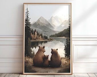 Bear Family Nursery Print: Woodland Animals, Forest Scene (Digital Download