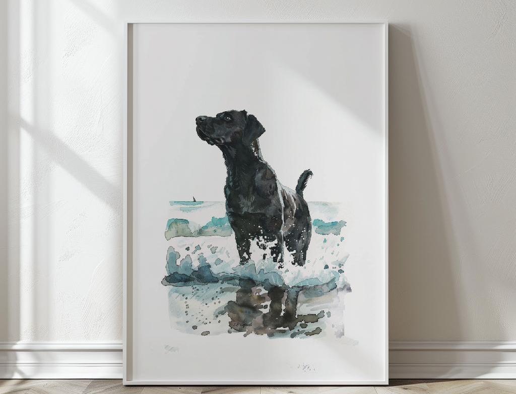 犬の水彩画 モノクロBlackB4 黒のラブラドールの水彩画プリント：犬のビーチウォールアート