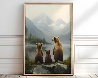 Bear Family Nursery Art Print: Woodland Animals, Mountain Scene (Digital Download