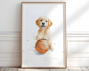 Golden Retriever Basketball Nursery Print: Dog Sports Art (Digital Download)