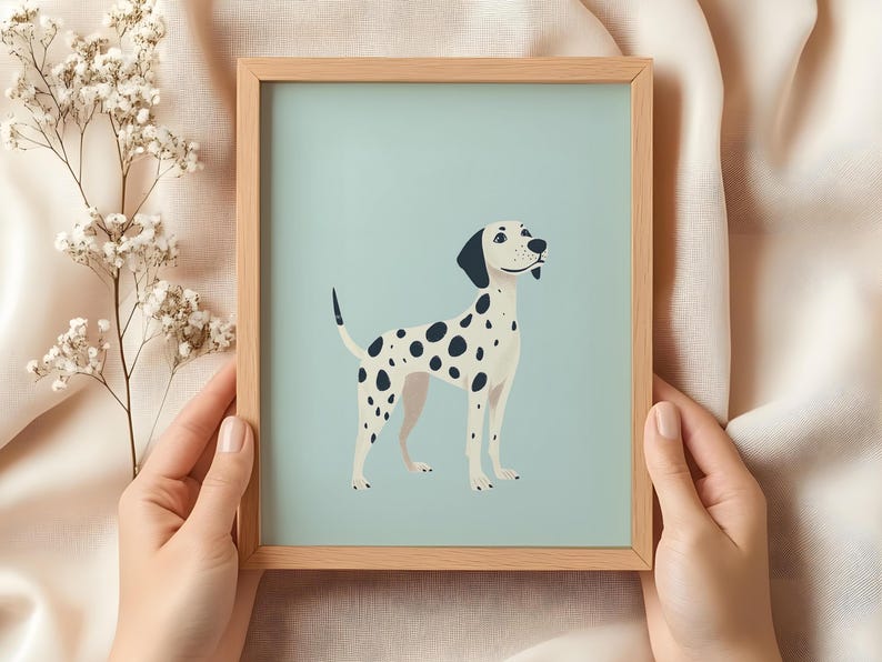 K&ouml;nnte beinhalten: Eine gerahmte Illustration eines Dalmatiners, der auf einem hellblauen Hintergrund steht. Der Hund ist wei&szlig; mit schwarzen Flecken und hat eine schwarze Nase und schwarze Ohren.