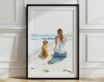 Labrador Retriever on the beach print, Girl and Dog  wall art, Gift for Dog Lovers, Watercolor Labrador, Digital Download, Printable art